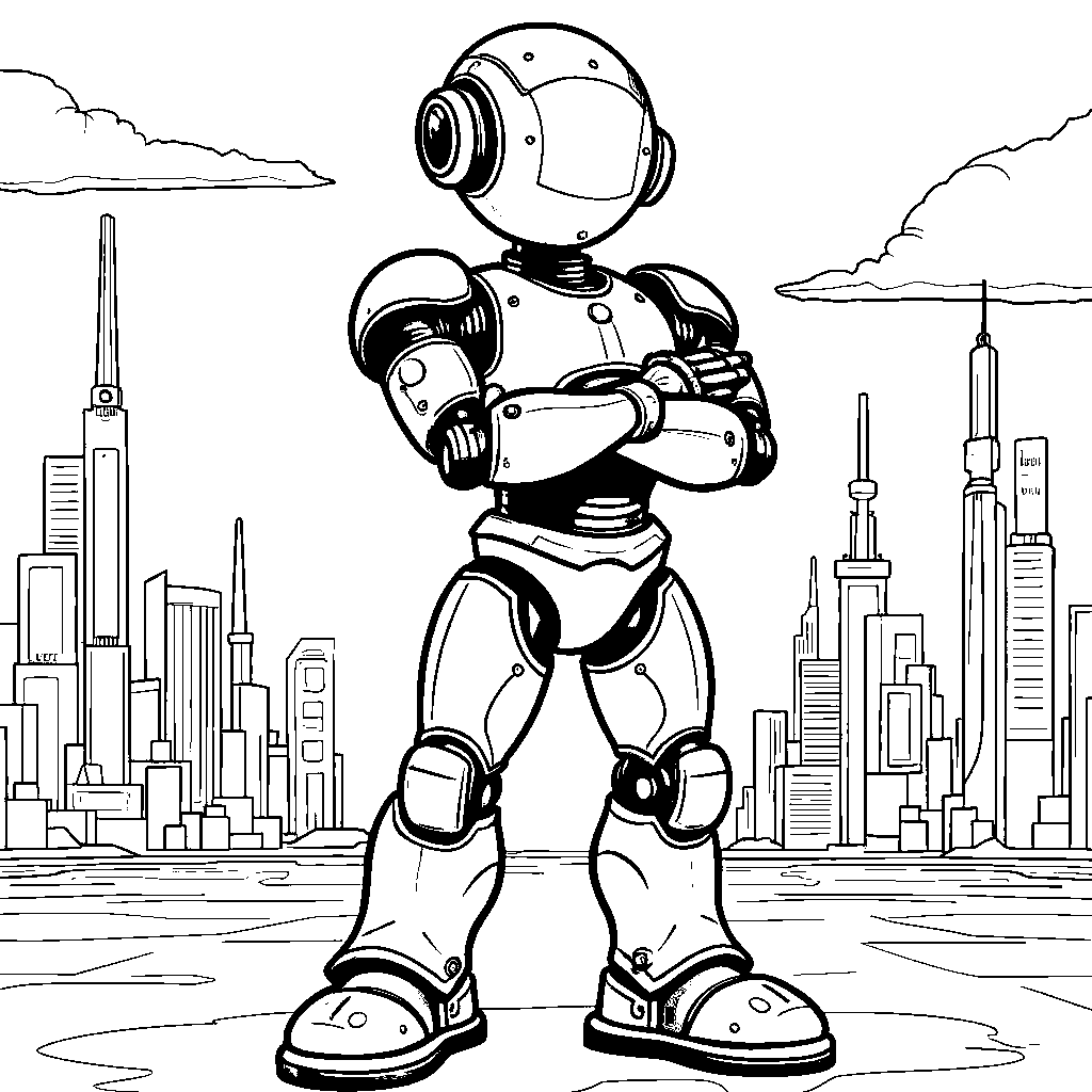 A robot wearing shiny metal boots