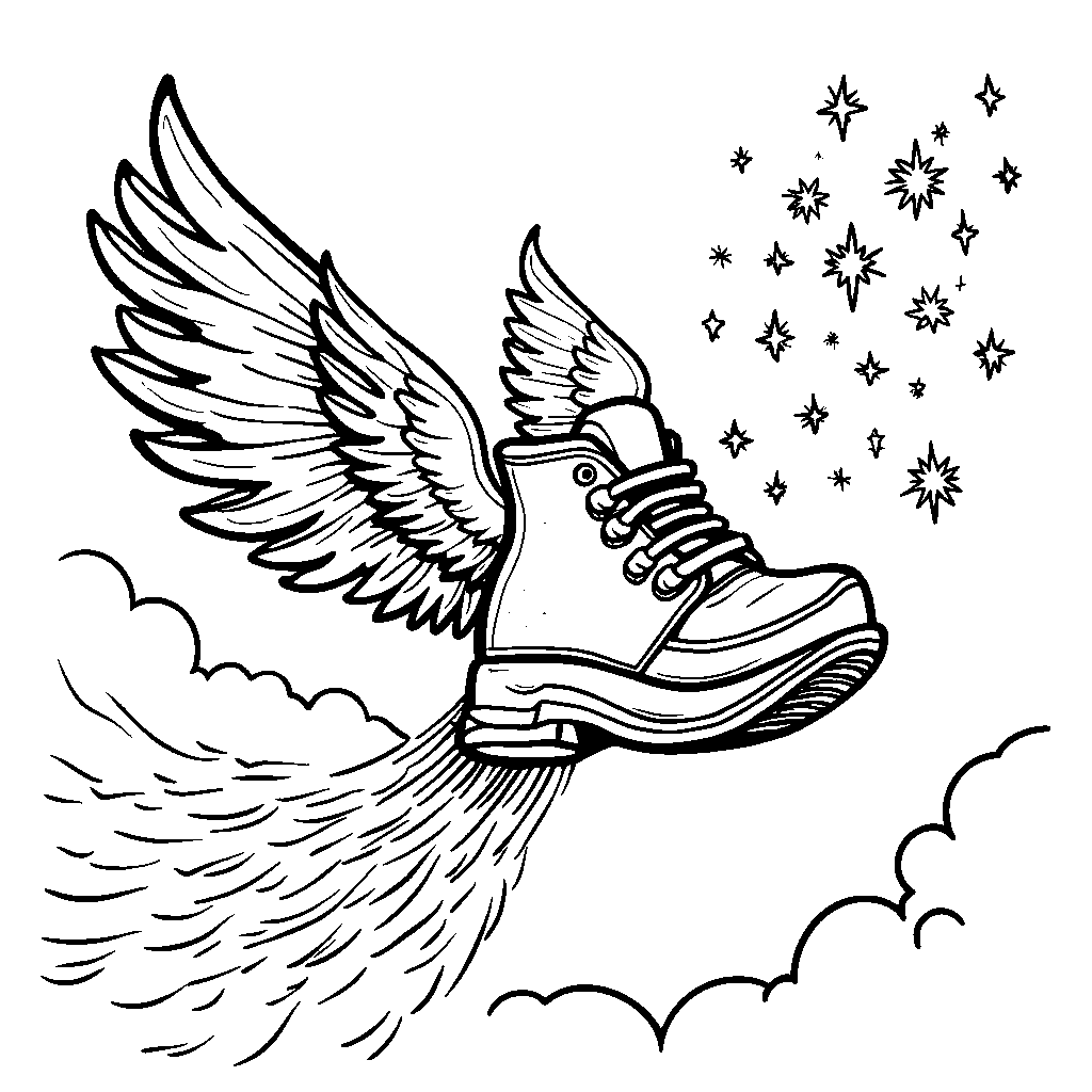 A shoe with wings flying through the air