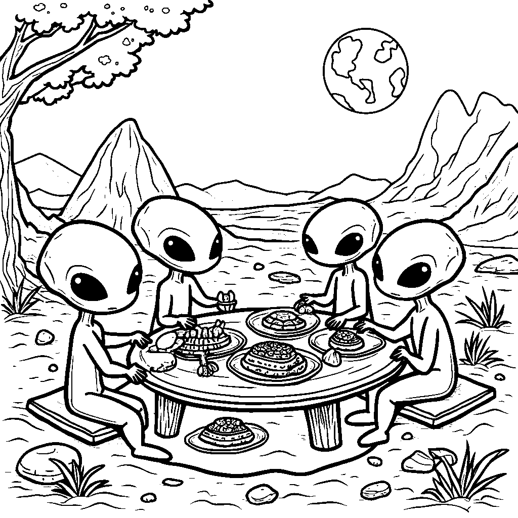 Alien Family Having a Picnic on Mars