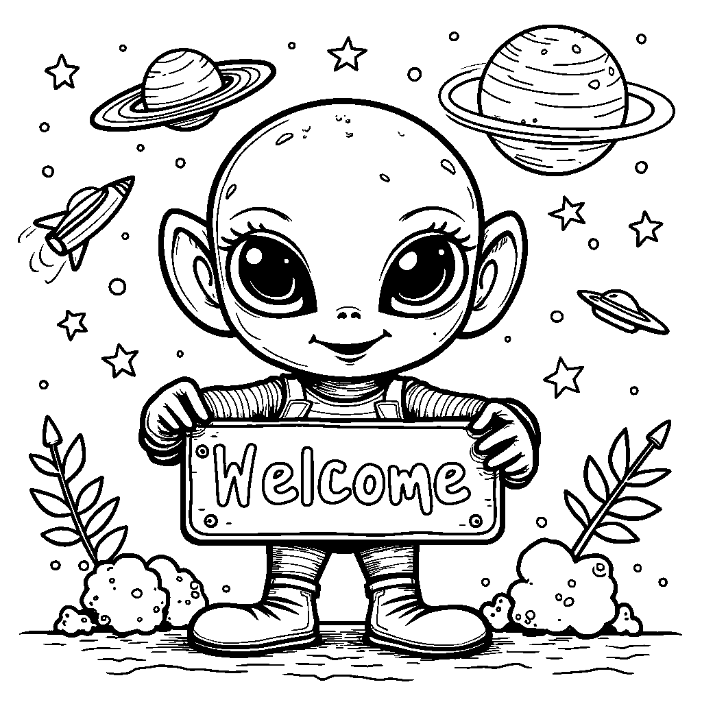 Alien Friend Holding a 'Welcome to Space' Sign