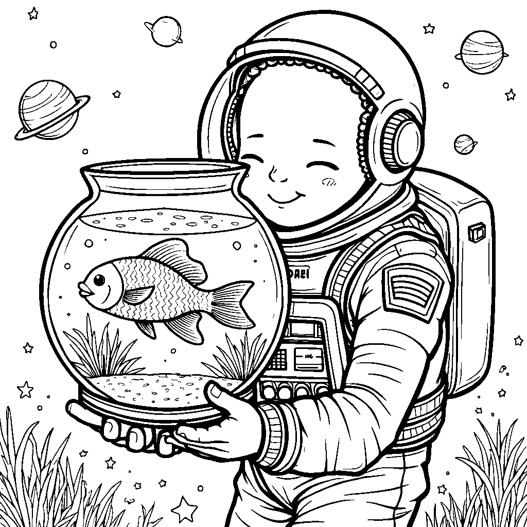 Astronaut Holding a Fishbowl with a Space Fish