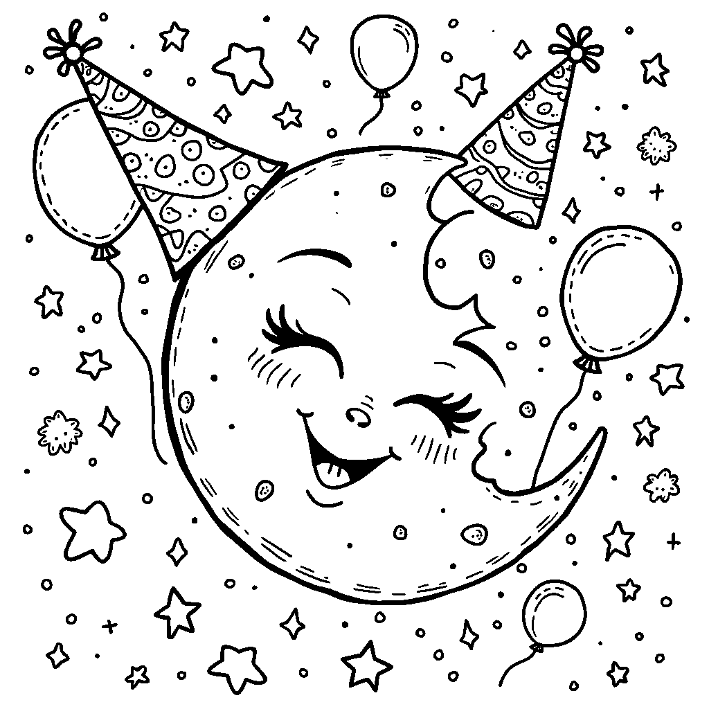 Happy Moon with a Face and a Party Hat