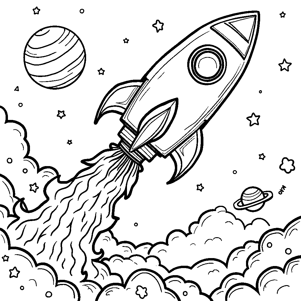 Rocket Ship with a Trail of Fire and Smoke