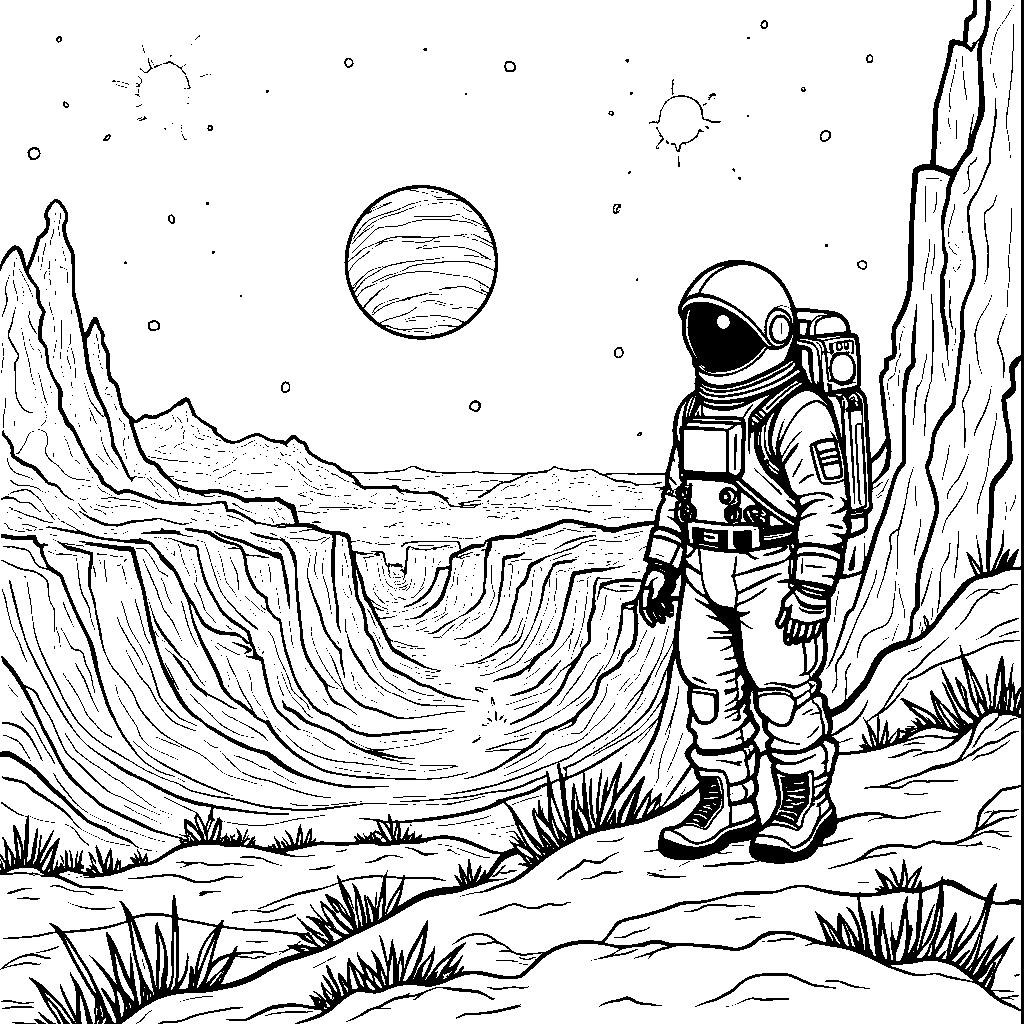 Space Explorer Standing on the Edge of a Crater