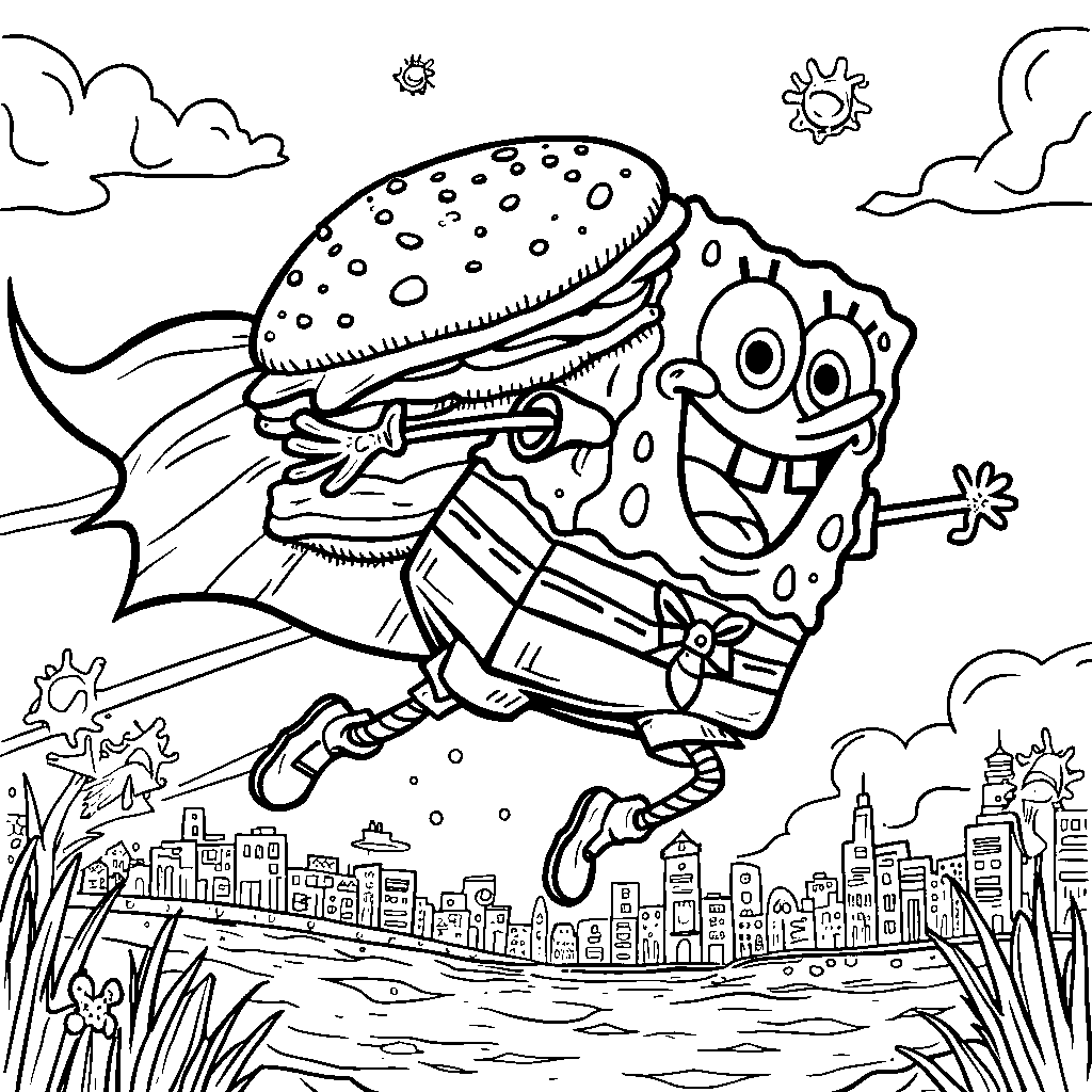 A giant Krabby Patty with a superhero cape