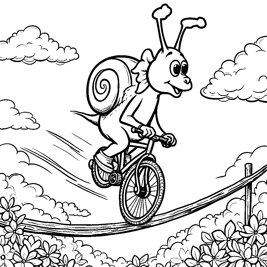 Gary the snail riding a unicycle on a tightrope