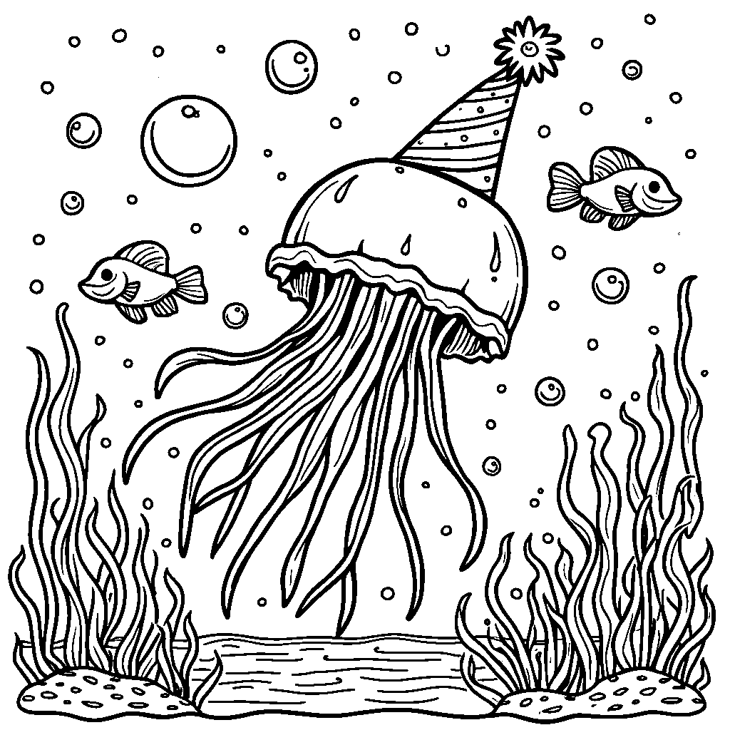 A giant jellyfish wearing a party hat and blowing bubbles