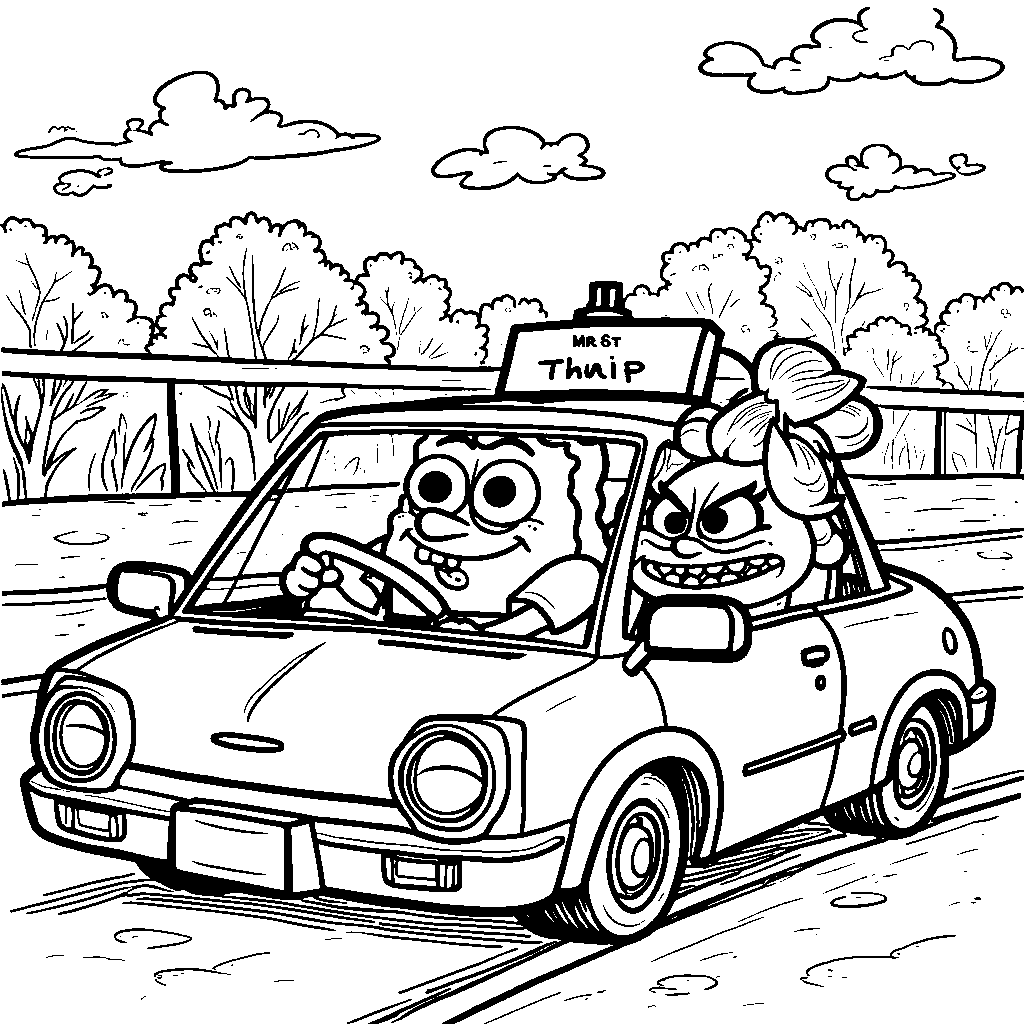 Mrs. Puff's driving school, with SpongeBob behind the wheel