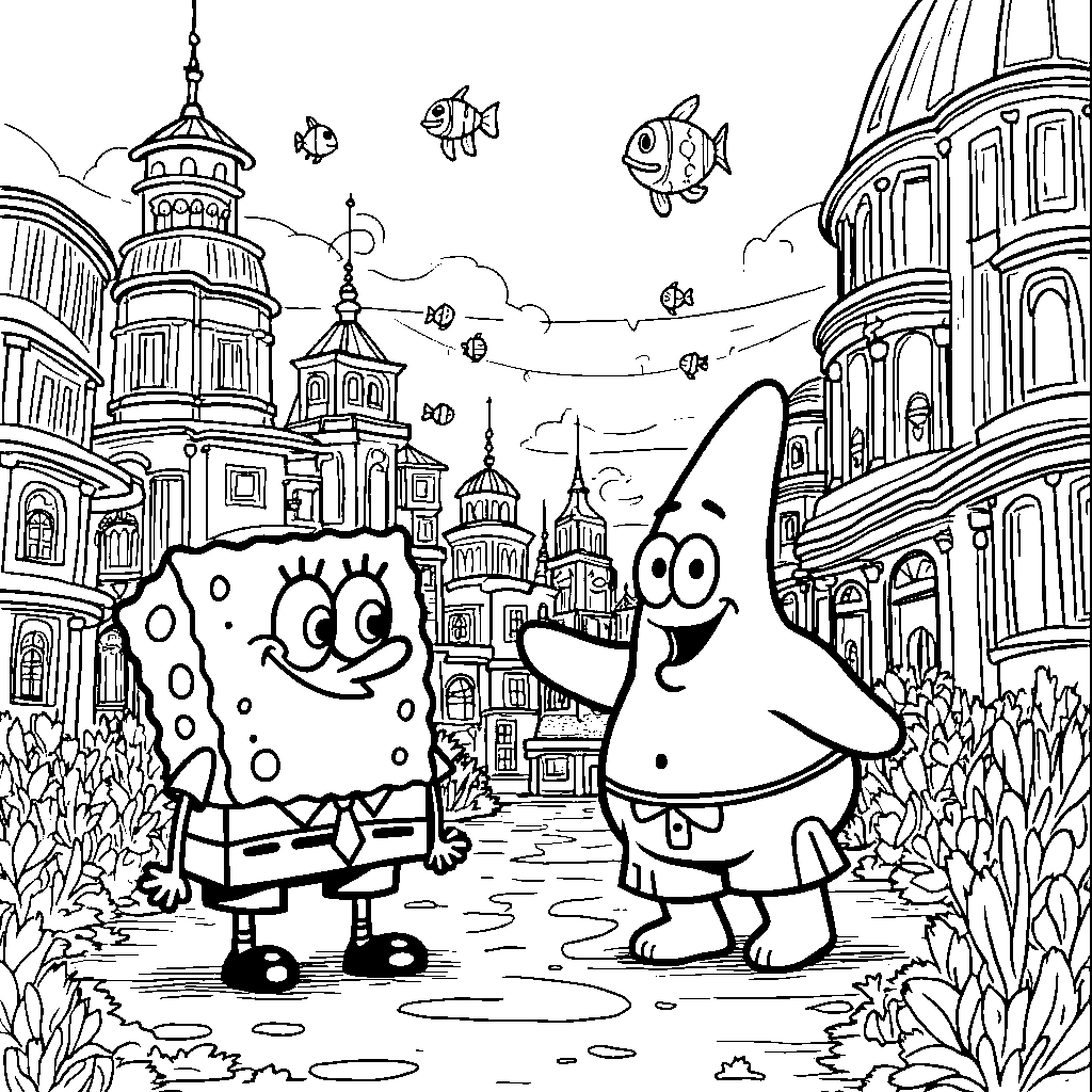 Rock Bottom City, with SpongeBob and Patrick exploring