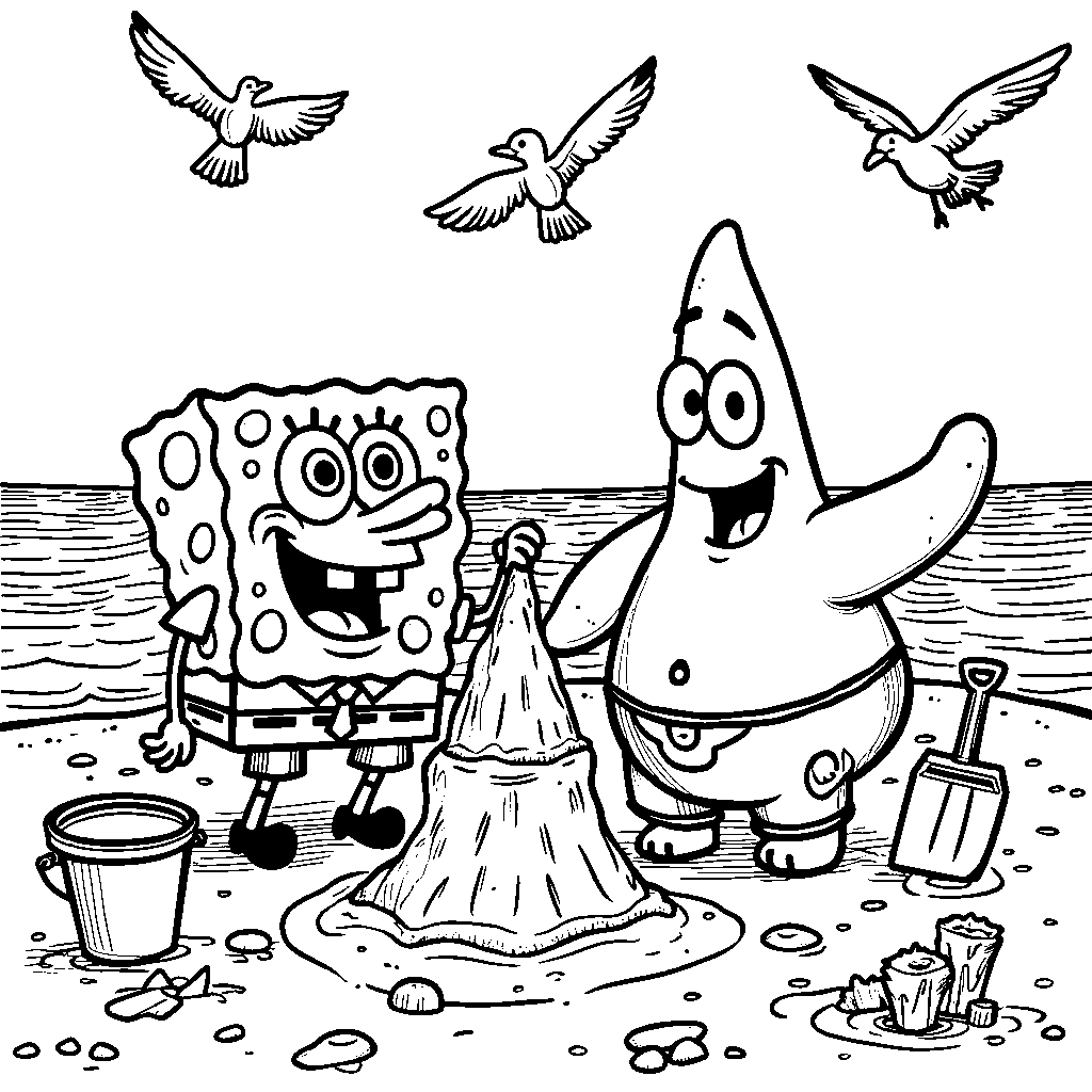 SpongeBob and Patrick building a sandcastle together