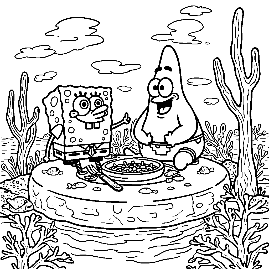 SpongeBob and Patrick having a picnic on a rock