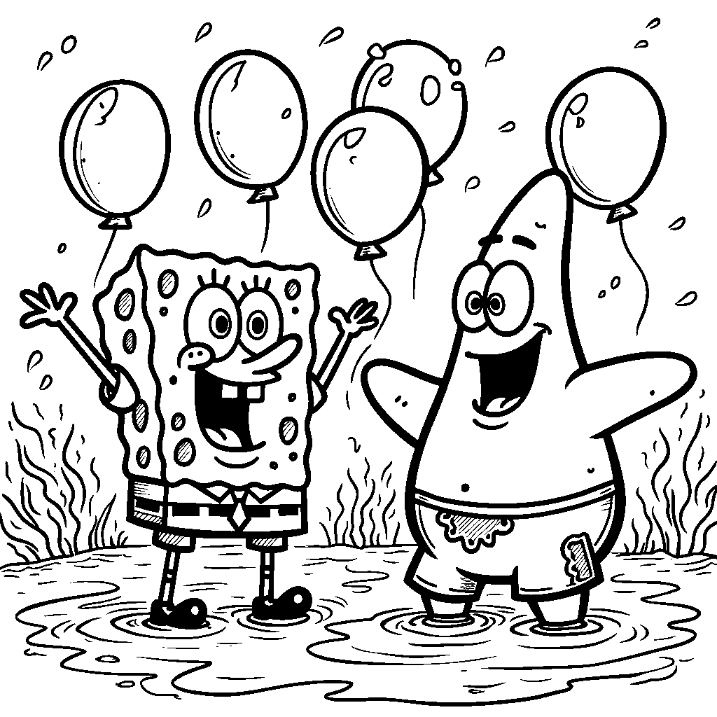 SpongeBob and Patrick having a water balloon fight