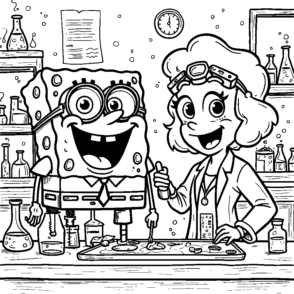 SpongeBob and Sandy doing science experiments