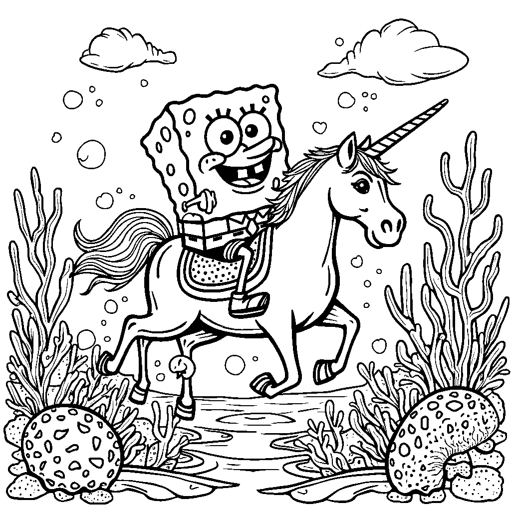 SpongeBob riding a unicorn under the sea