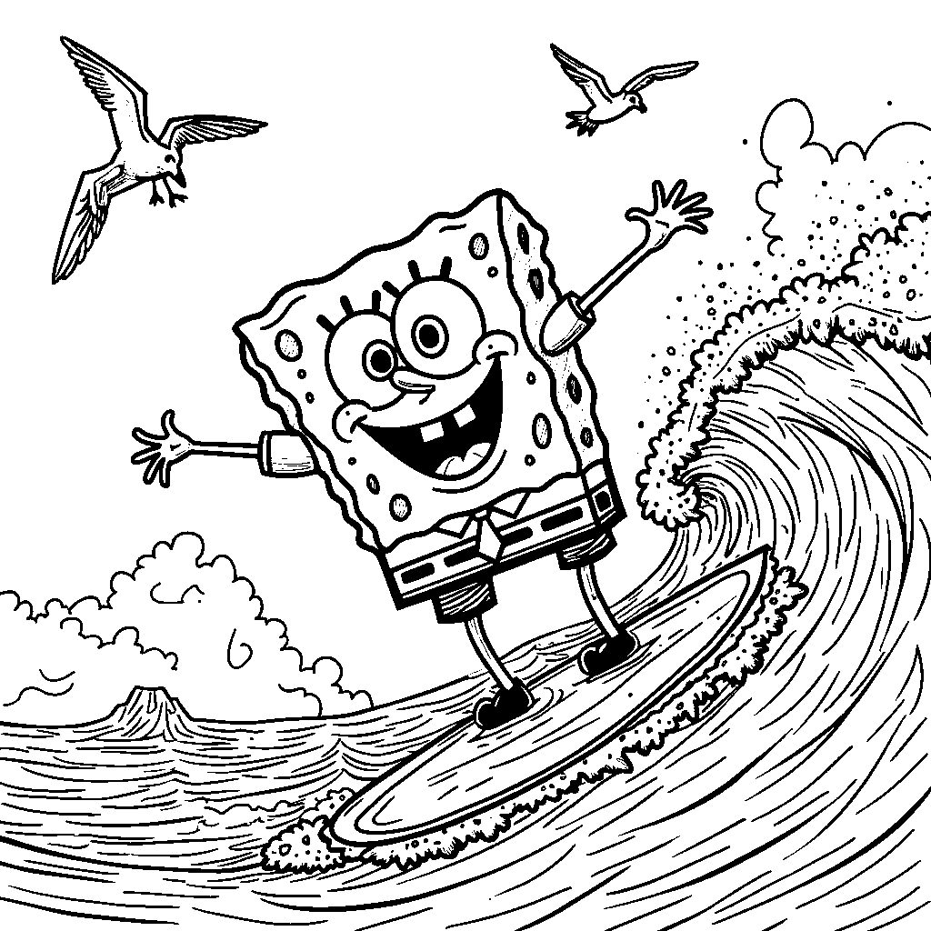 SpongeBob surfing on a wave made of Krabby Patties