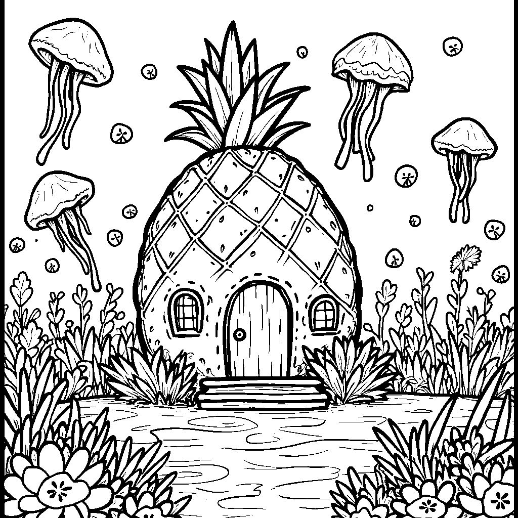 SpongeBob's pineapple house with a garden full of jellyfish