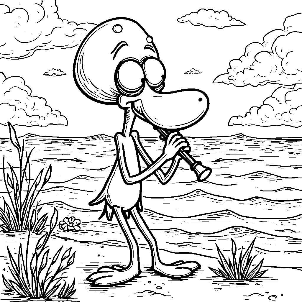 Squidward playing a clarinet on the beach