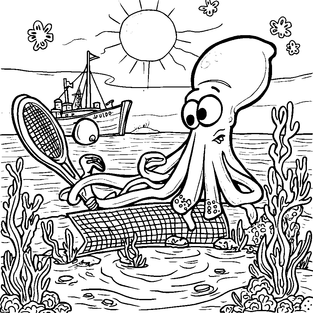 Squidward playing tennis with a giant squid