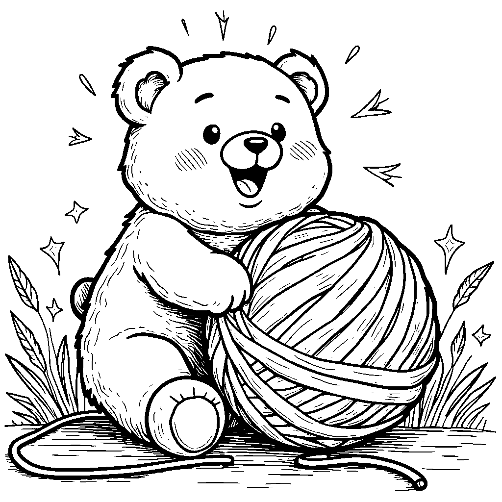 Squishmallow bear playing with a giant ball of yarn