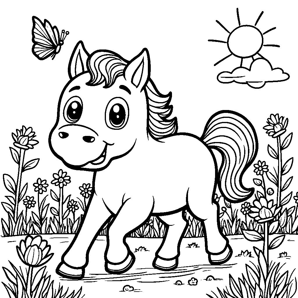 Squishmallow horse running through a field of flowers