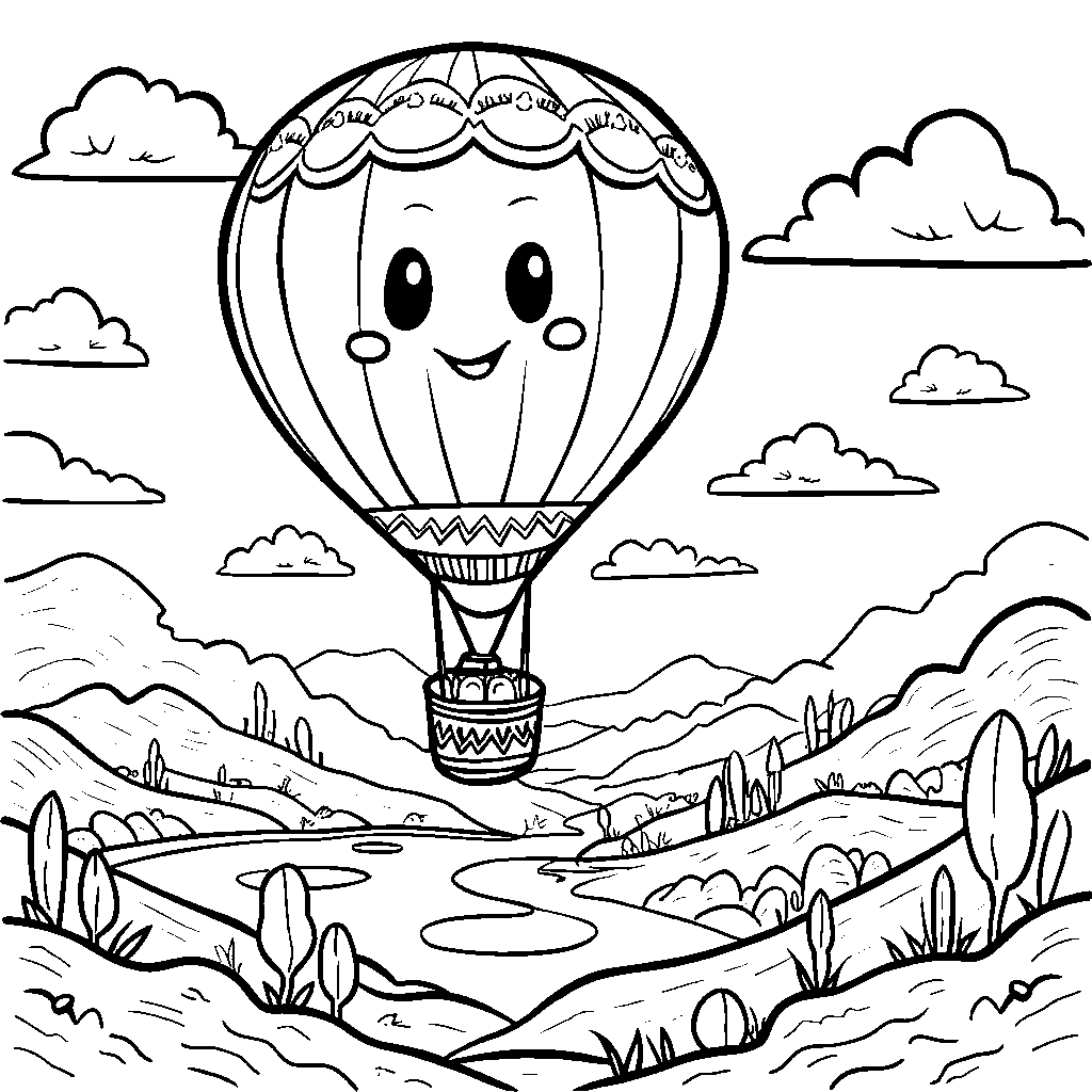 Squishmallow hot air balloon flying over a colorful landscape