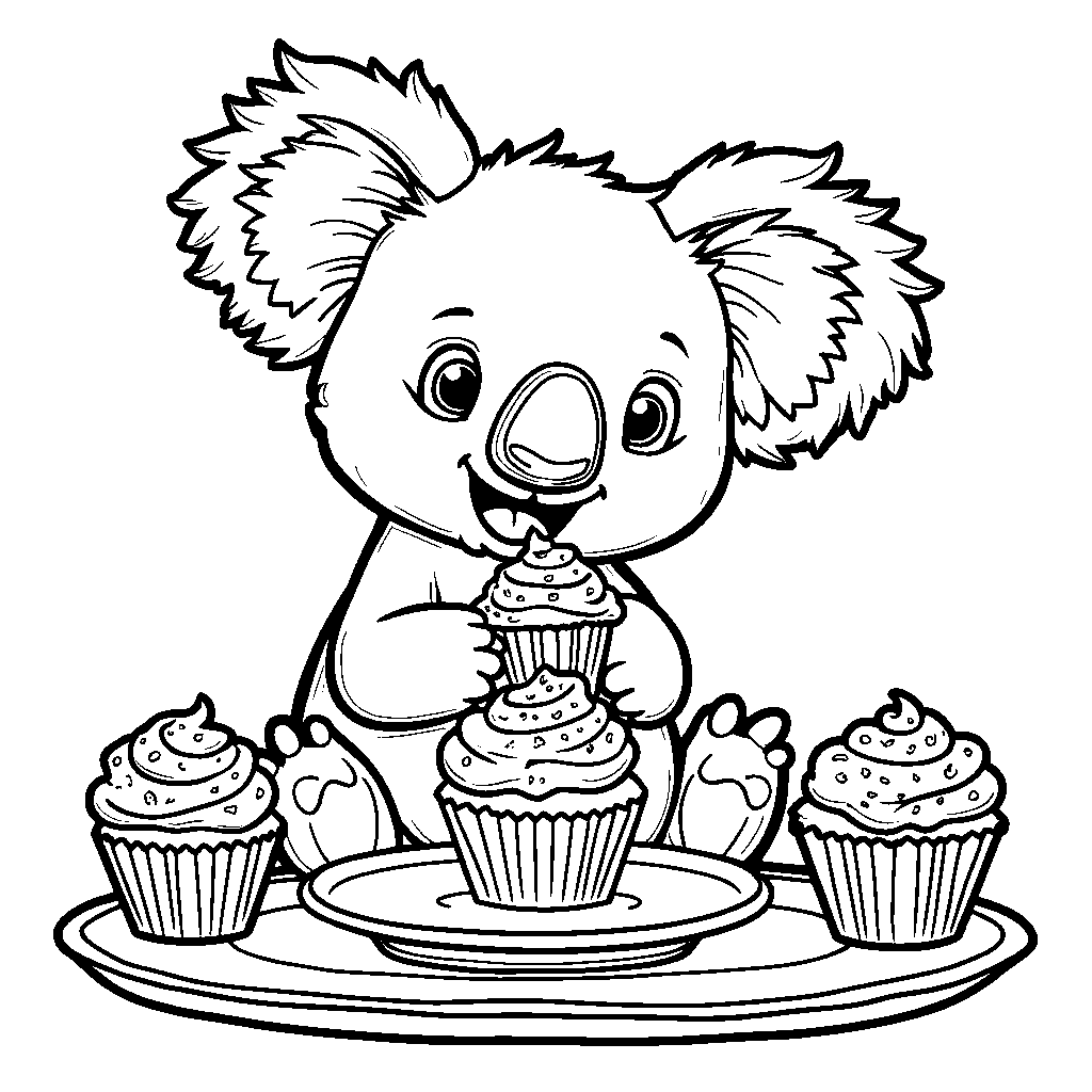 Squishmallow koala eating a plate of colorful cupcakes