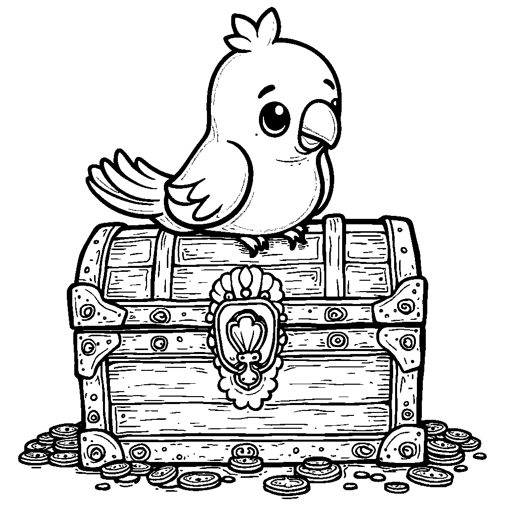 Squishmallow parrot perched on a treasure chest