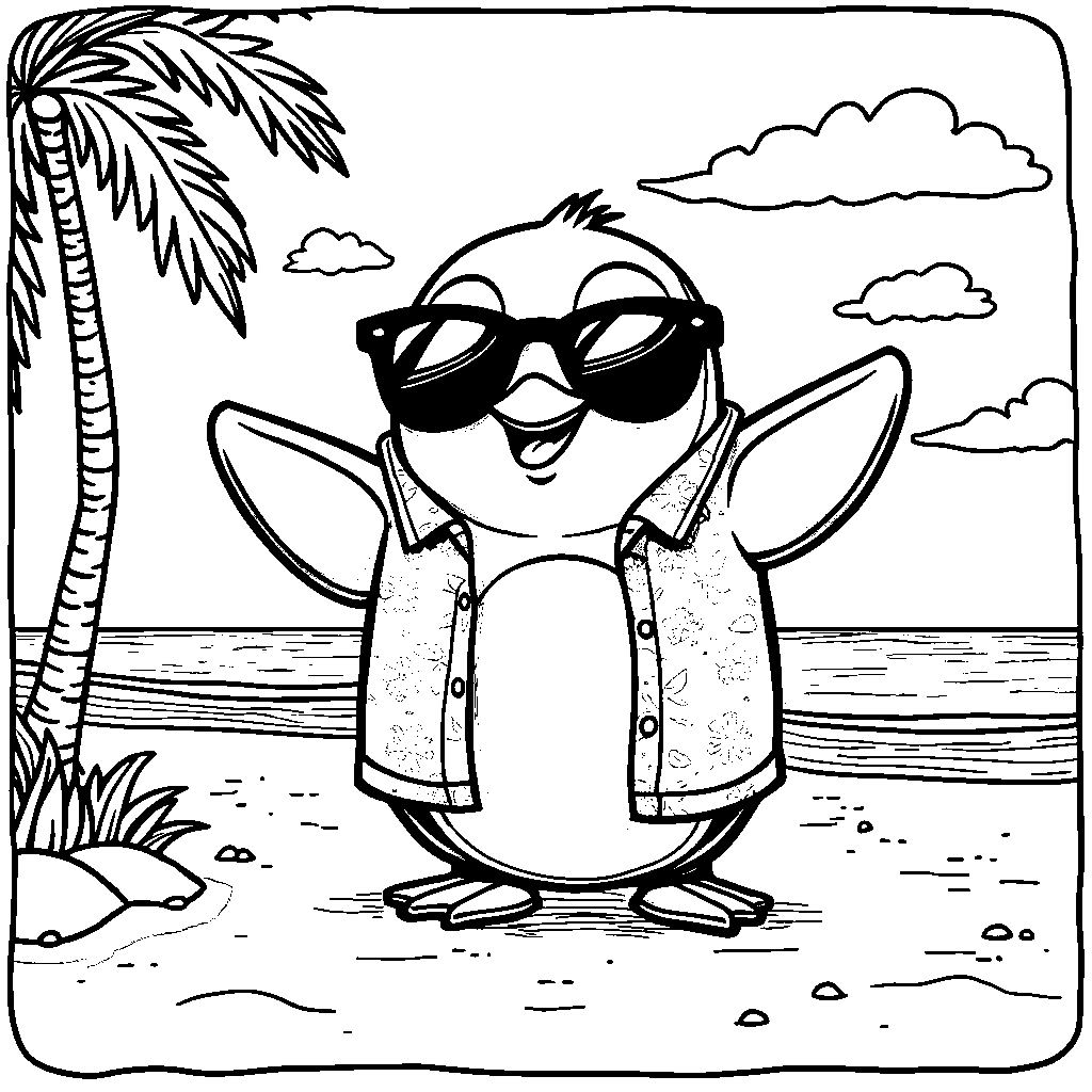 Squishmallow penguin wearing sunglasses and a Hawaiian shirt