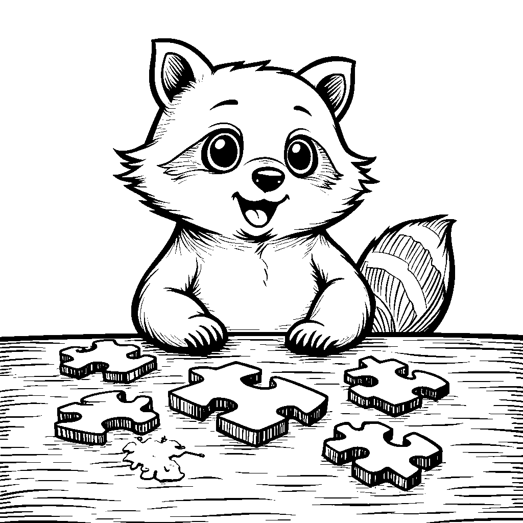 Squishmallow raccoon playing with a puzzle