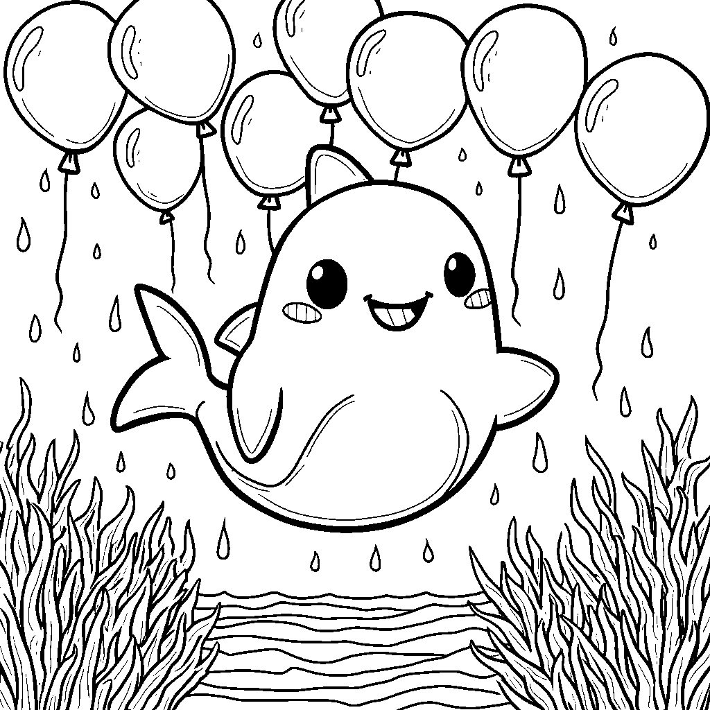 Squishmallow shark swimming in a sea of balloons