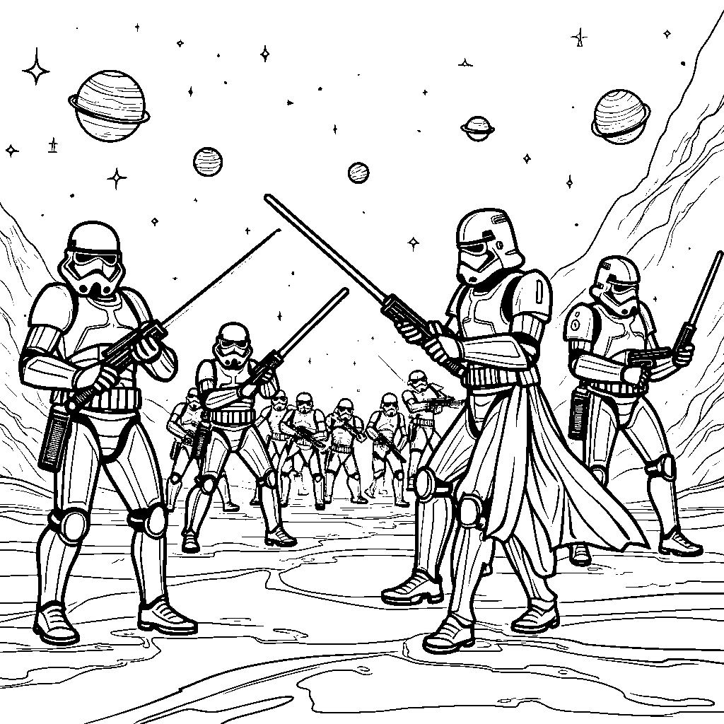 A battle scene with Jedi and Stormtroopers