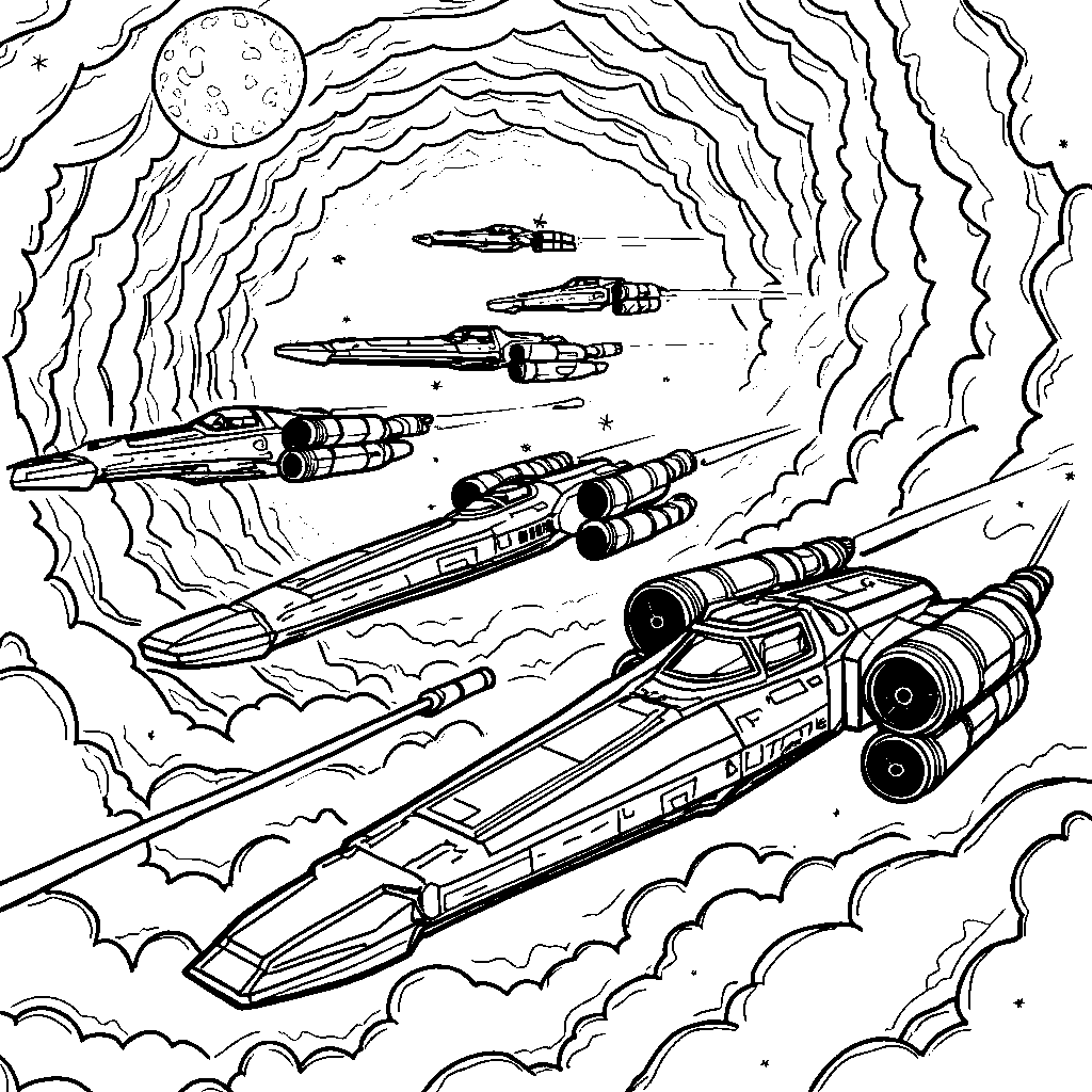 A fleet of Star Wars spaceships flying in formation