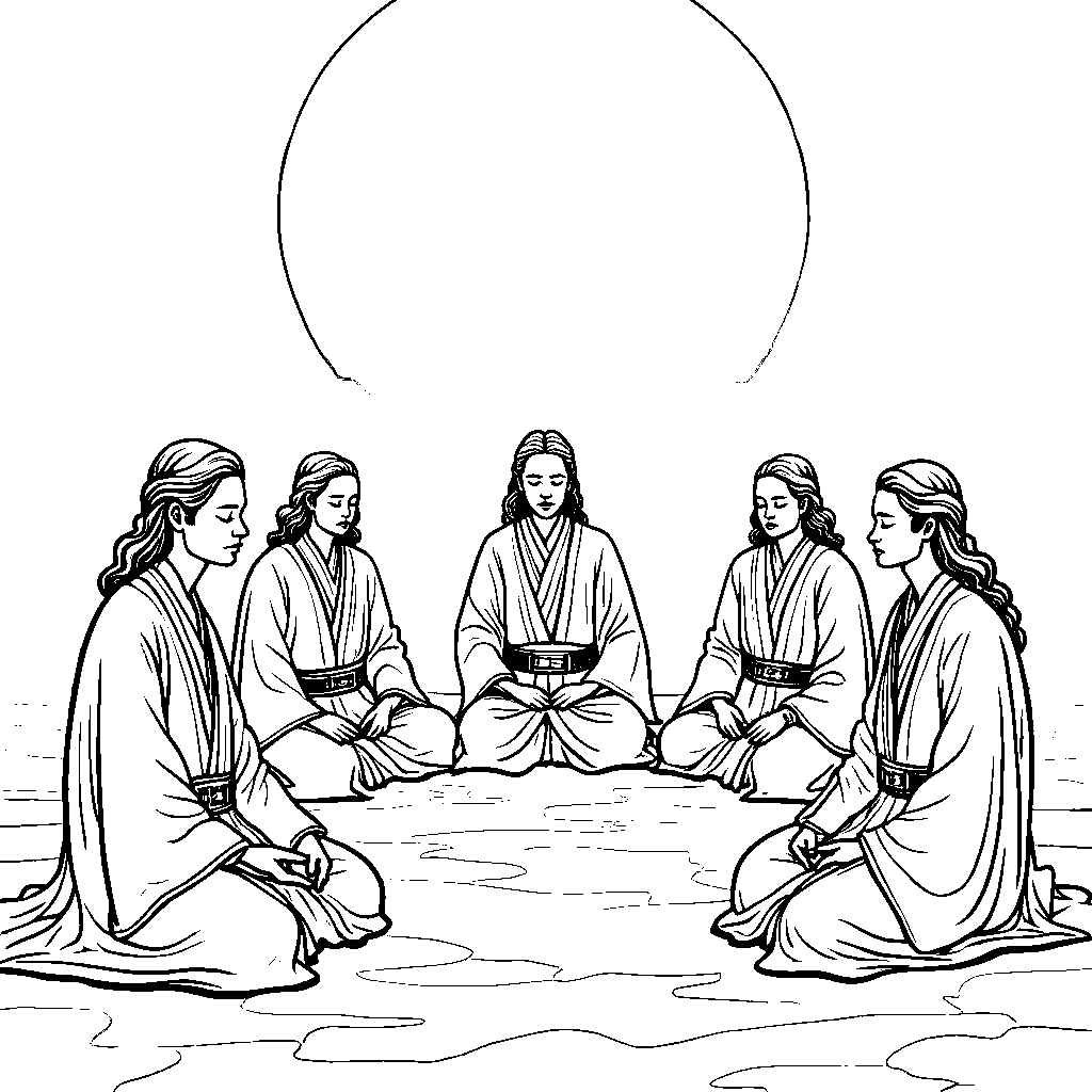 A group of Jedi Masters meditating in a circle