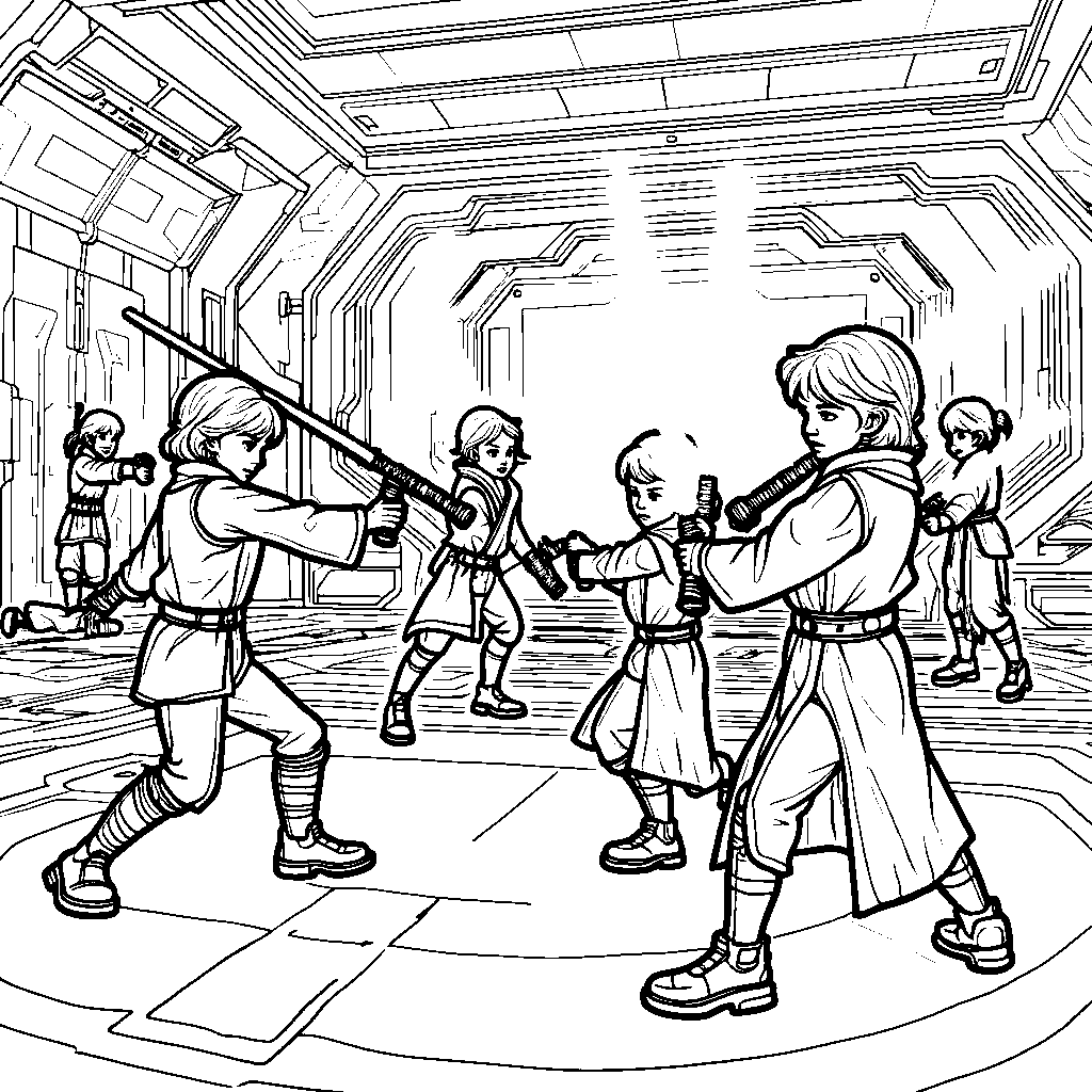 A group of young Padawans practicing their lightsaber skills