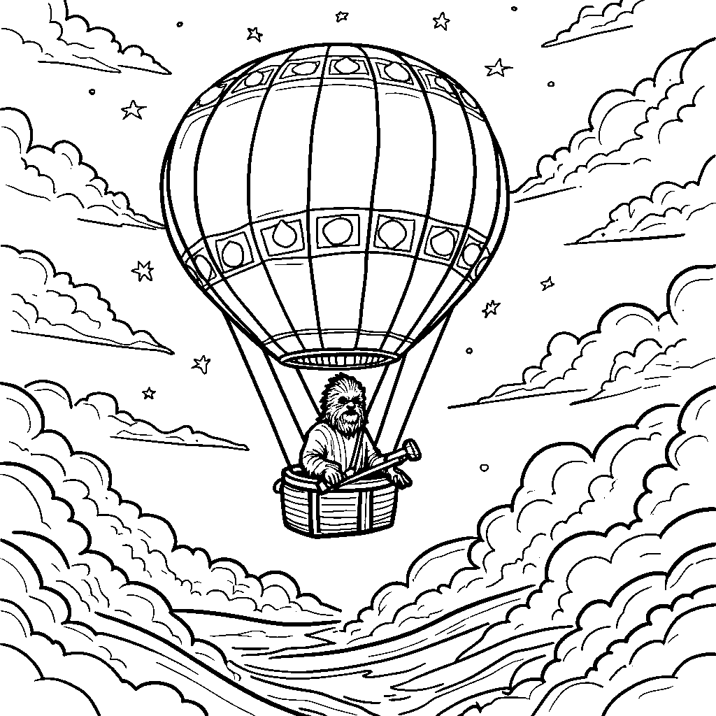 A Star Wars character in a hot air balloon