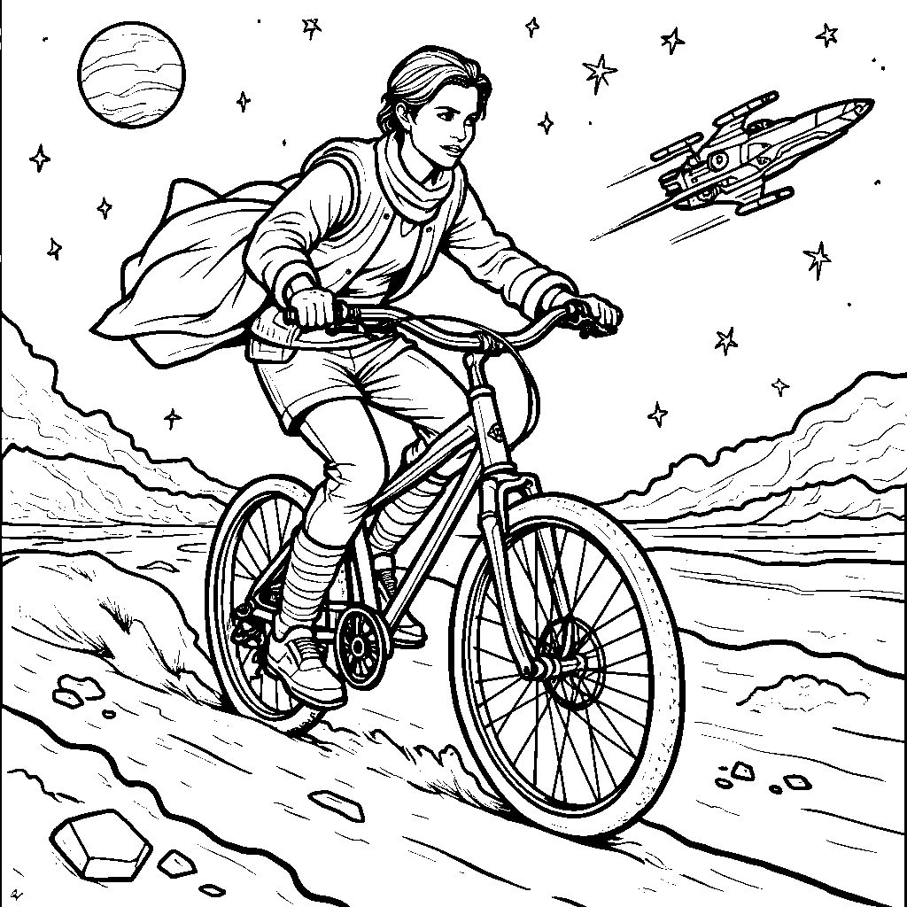 A Star Wars character riding a bike through space