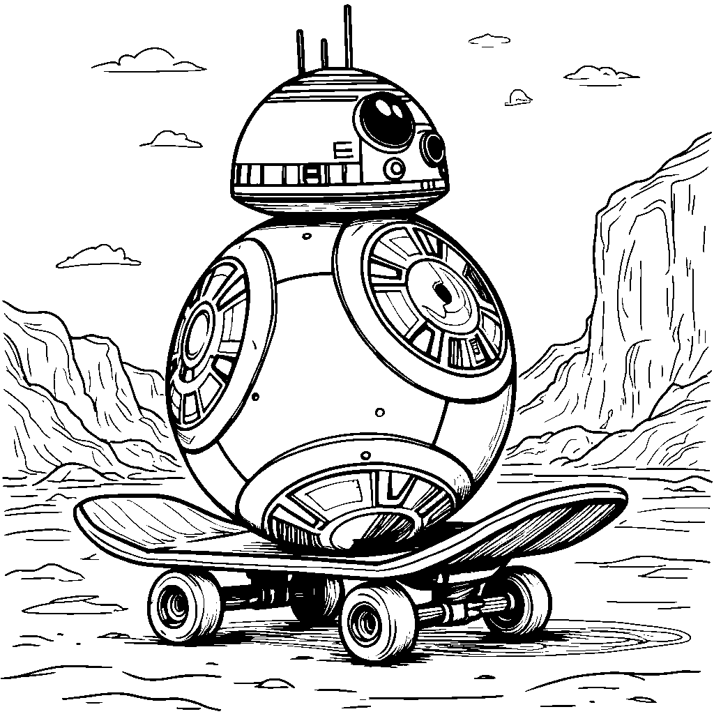 BB-8 rolling on a skateboard