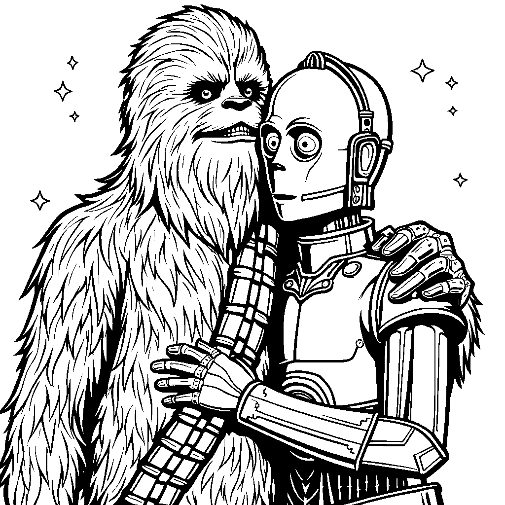 Chewbacca giving a big hug to C-3PO