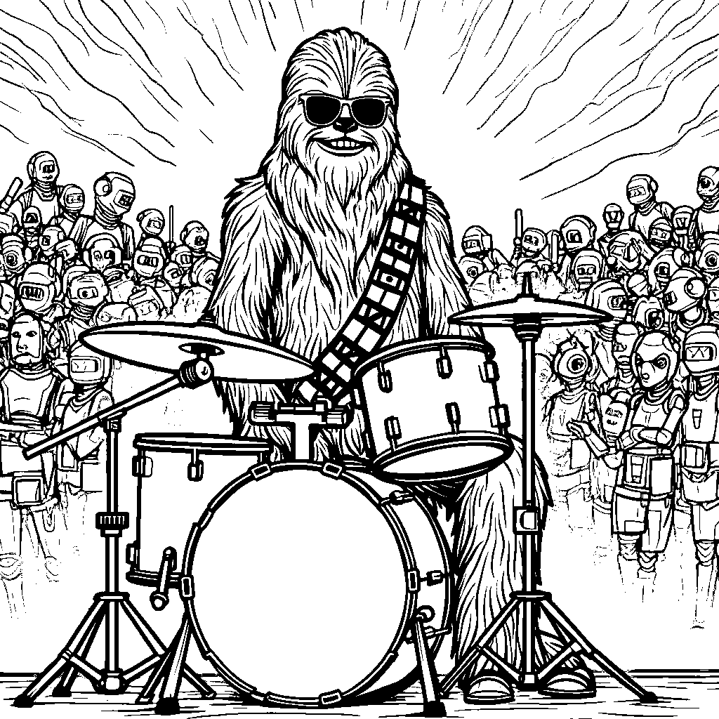 Chewbacca playing the drums in a rock band