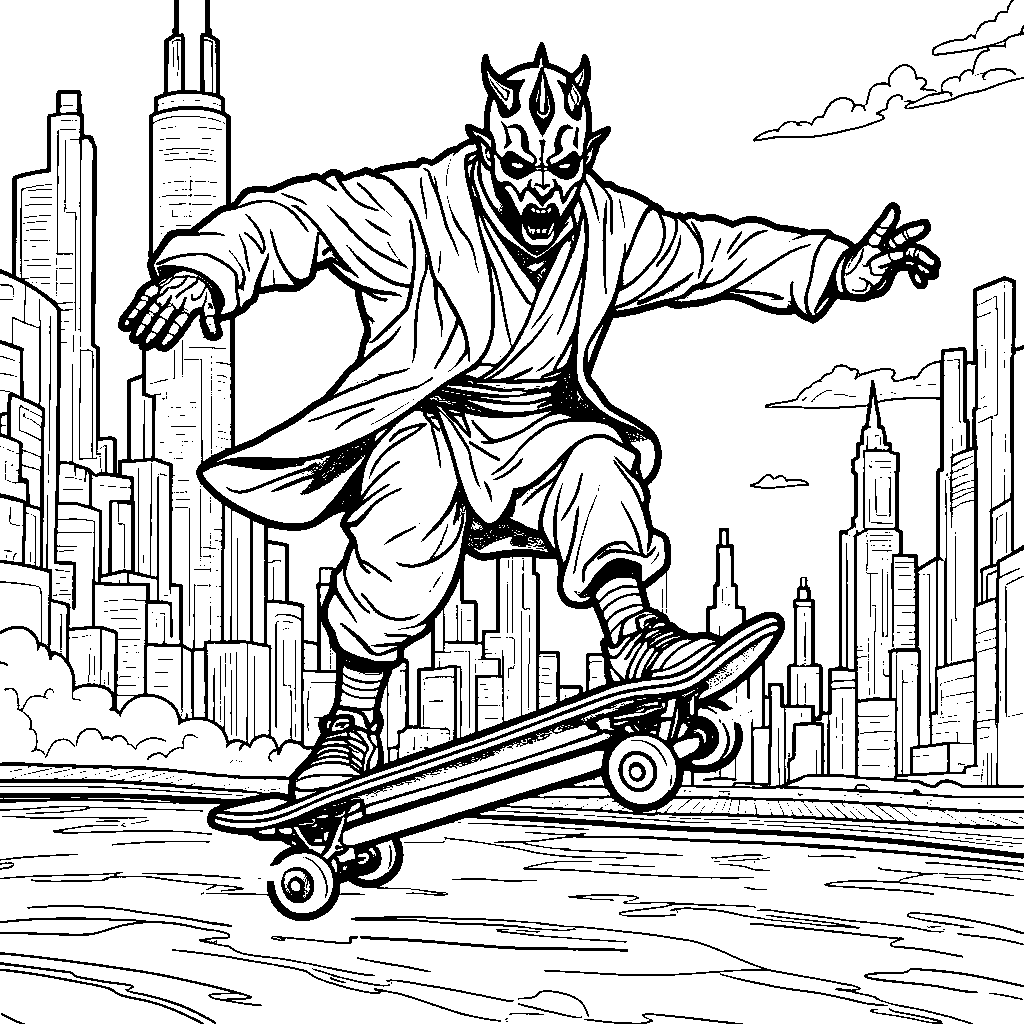 Darth Maul riding a skateboard through a city