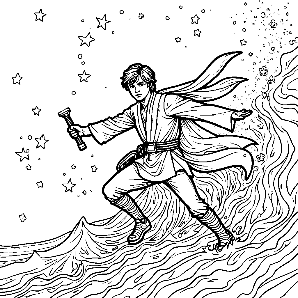 Luke Skywalker surfing on a wave of stars