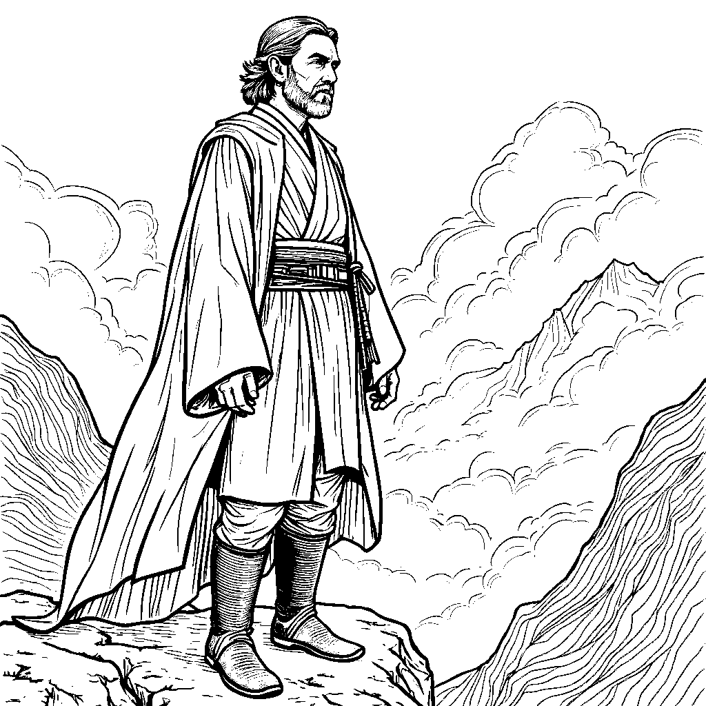 Obi-Wan Kenobi standing on a mountain peak