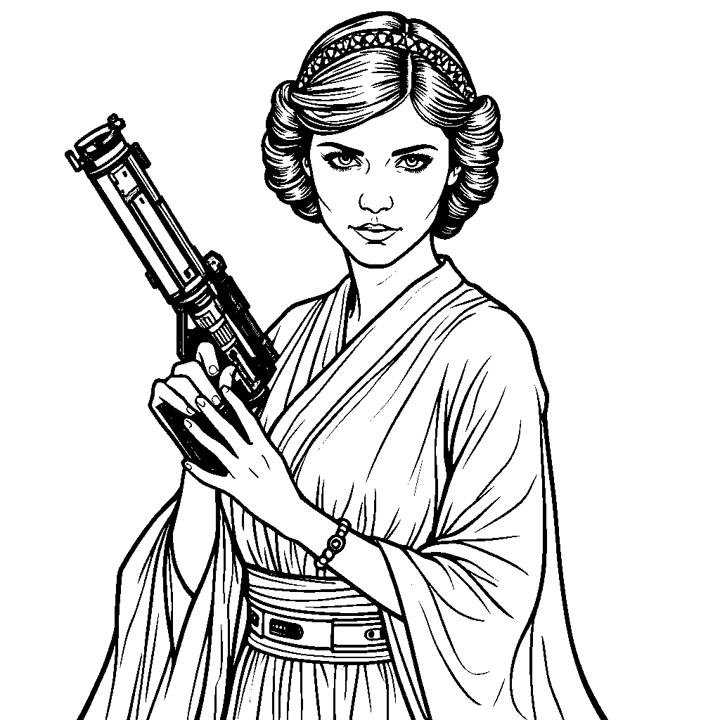 Princess Leia with a blaster and a tiara