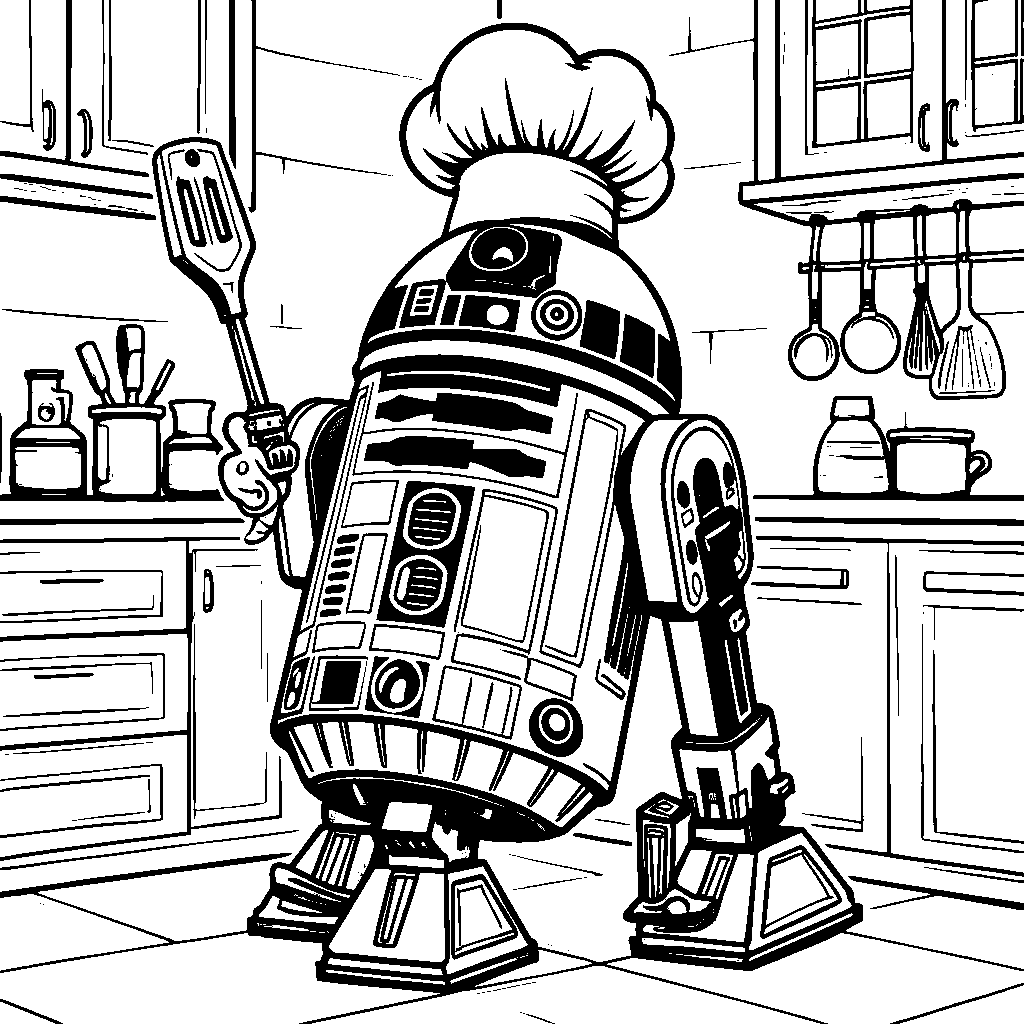 R2-D2 wearing a chef's hat and holding a spatula