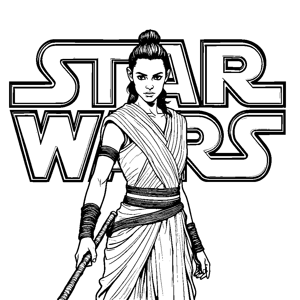 Rey standing in front of a giant Star Wars logo