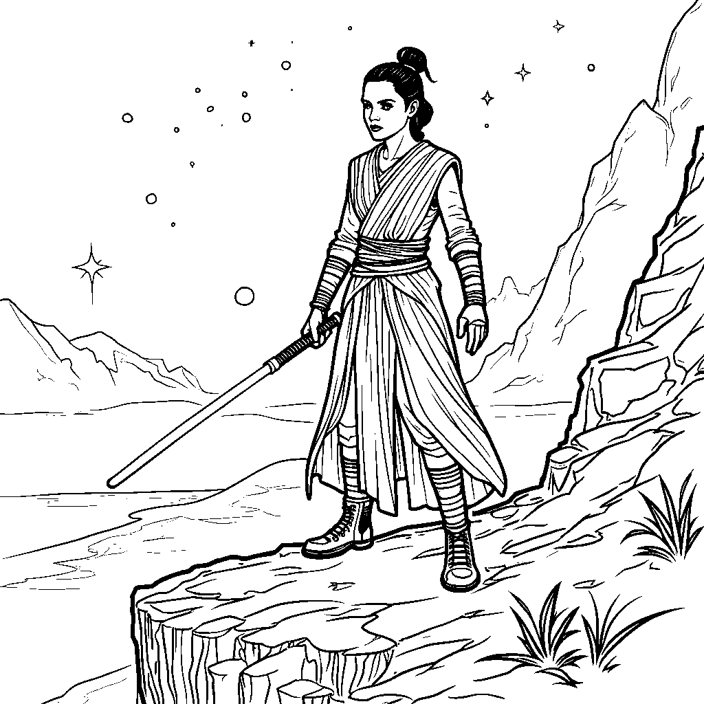 Rey standing on a cliff with a lightsaber shining bright