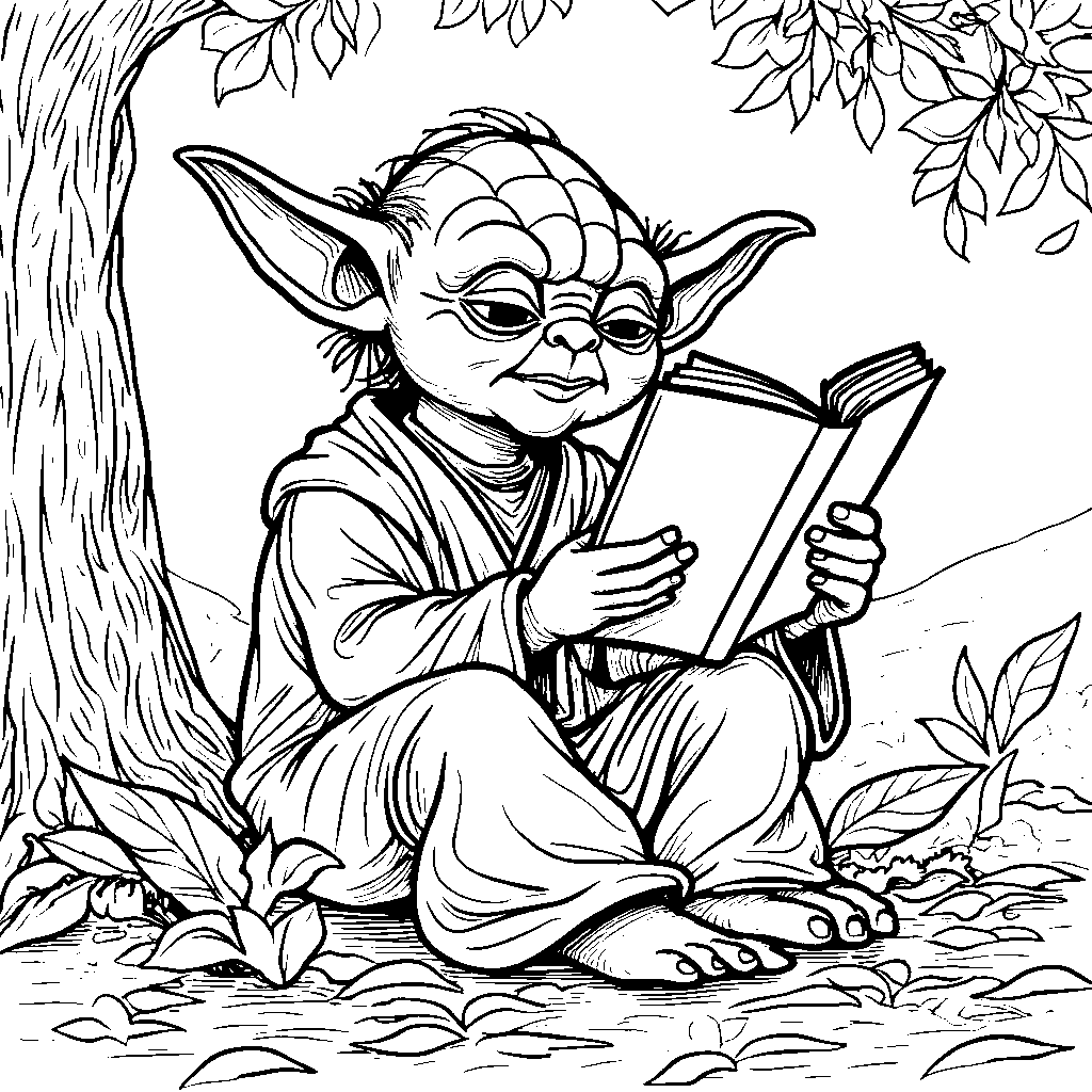 Yoda sitting in a tree reading a book