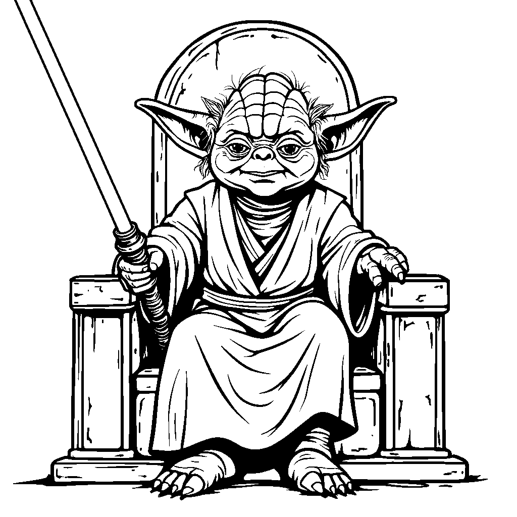 Yoda sitting on a throne with a lightsaber