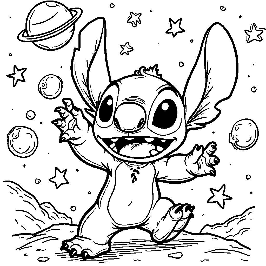 Stitch blowing bubbles and chasing after them