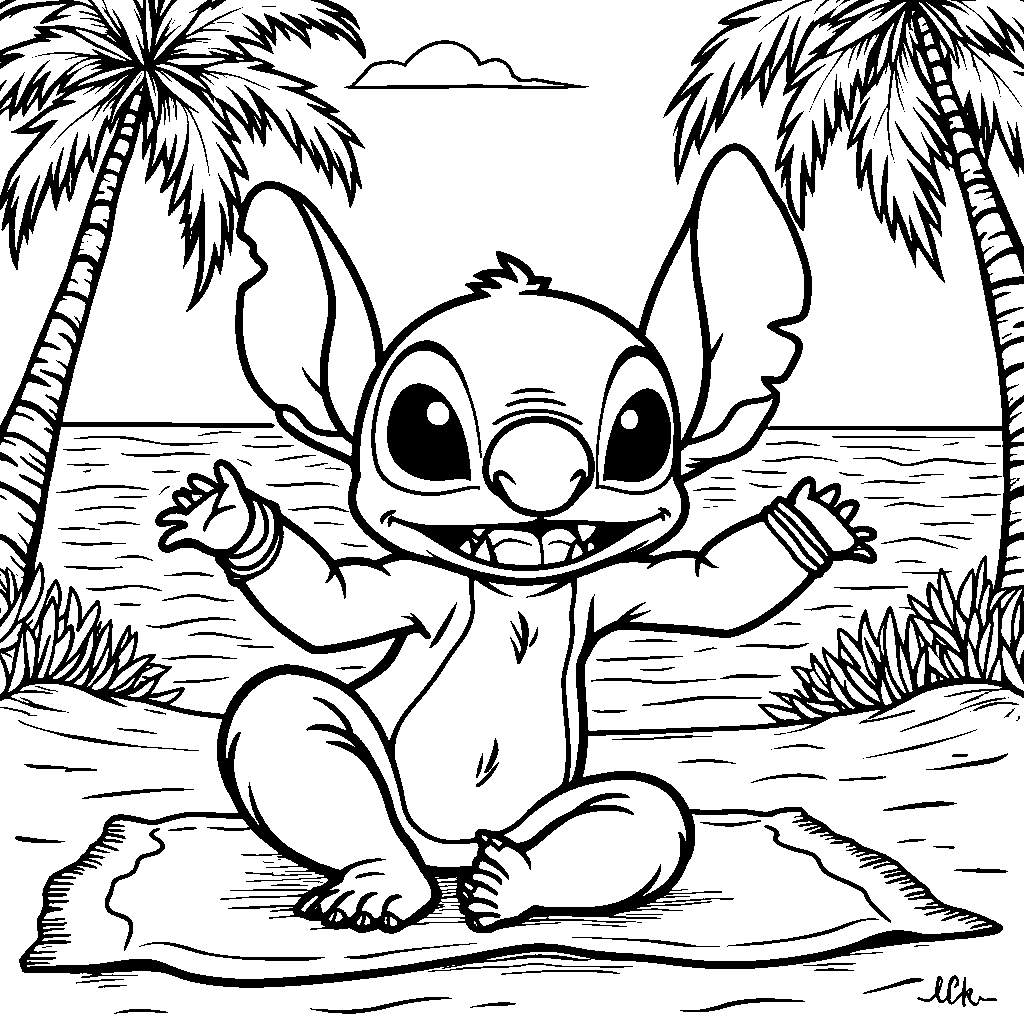 Stitch doing yoga poses on a sunny beach